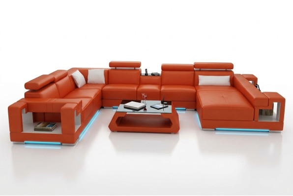Ecksofa Garnitur Modern Sofa USB Ledersofa Sofa Couch Wohnlandschaft Orange Neu