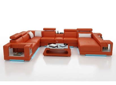 Ecksofa Garnitur Modern Sofa USB Ledersofa Sofa Couch Wohnlandschaft Orange Neu