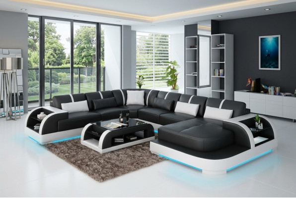 Modern Ledersofa Couch Wohnlandschaft Design Ecksofa Eck Garnitur Sofa Licht USB