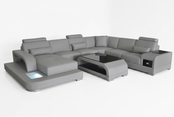 Ledersofa Wohnlandschaft Ecksofa Sitzecke Sitzgarnitur Sofa Couch + USB + Tisch