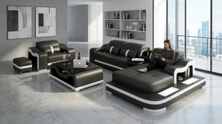 Ecksofa Set Couch Polster Eck Garnitur + Sessel Wohnlandschaft L Form Leder Neu