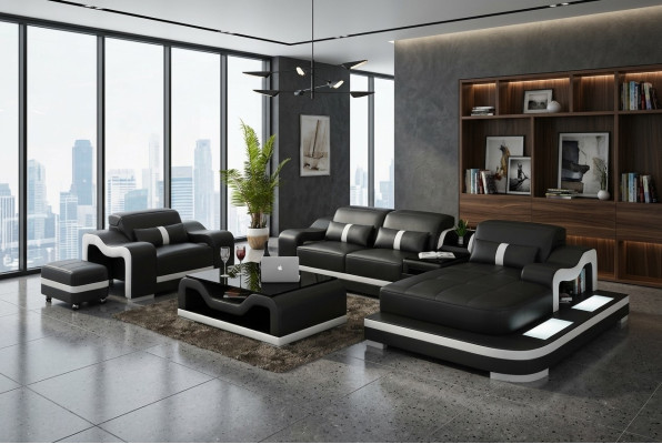 Ecksofa Set Couch Polster Eck Garnitur + Sessel Wohnlandschaft L Form Leder Neu