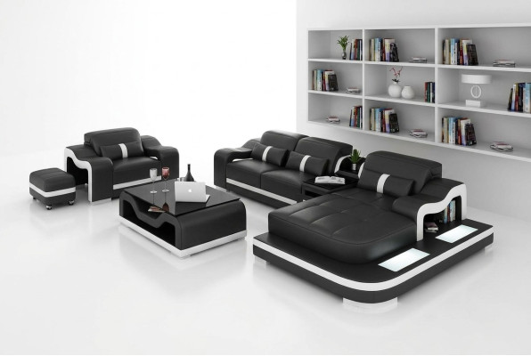 Ecksofa Set Couch Polster Eck Garnitur + Sessel Wohnlandschaft L Form Leder Neu