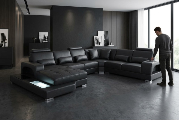 Design Leder Polster Sitz Ecke Zimmer Sofa Eck Sofas mit USB Designer Wohn LED