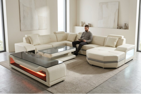 Leder Ecksofa Eckgarnitur Eckcouch Sofa Couch Wohnlandschaft Polster Tisch USB