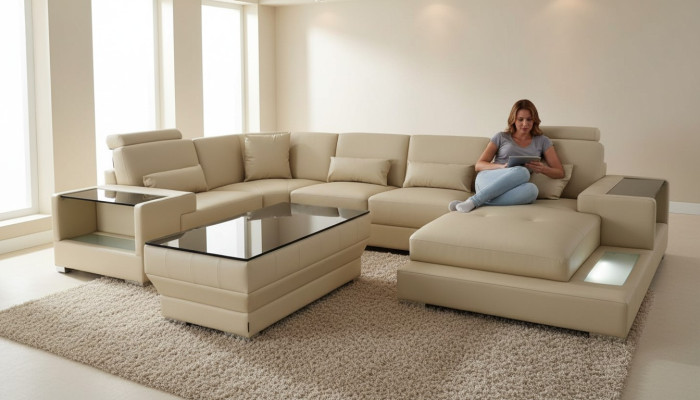 Ecksofa Design Eckgarnitur Eckcouch Sofa Couch Wohnlandschaft Polster Tisch USB