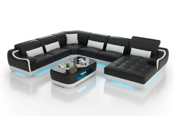 Wohnlandschaft Ledersofa Couch Design Garnitur Modern Ecke Sofa U-Form + USB
