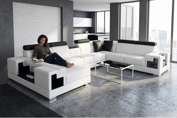 Ledersofa mit USB Eck Sofa Wohnlandschaft Sofas Couchen Garnitur Design Modern