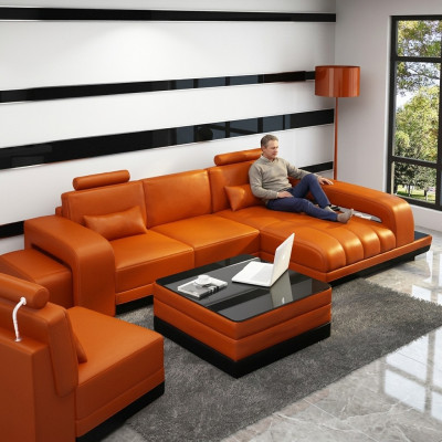 Ledersofa Couch Wohnlandschaft Ecksofa Eck Garnitur Design Sofa USB Orange Neu