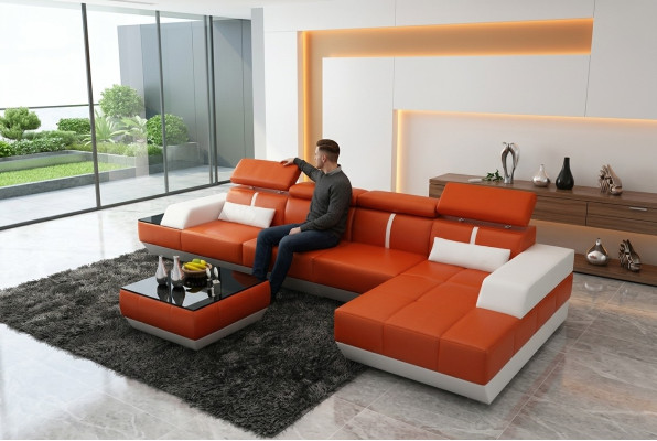 Ledersofa L-Form Couch Wohnlandschaft Ecksofa Garnitur Design Modern Sofa USB Eu