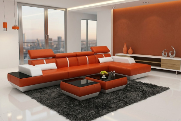 Ledersofa L-Form Couch Wohnlandschaft Ecksofa Garnitur Design Modern Sofa USB Eu