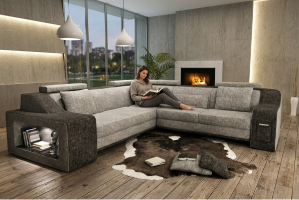 Ecksofa Leder Textil Sofa mit USB,Polster Wohnlandschaft L Garnitur Sitz Isching