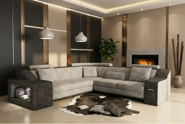Ecksofa Leder Textil Sofa mit USB,Polster Wohnlandschaft L Garnitur Sitz Isching