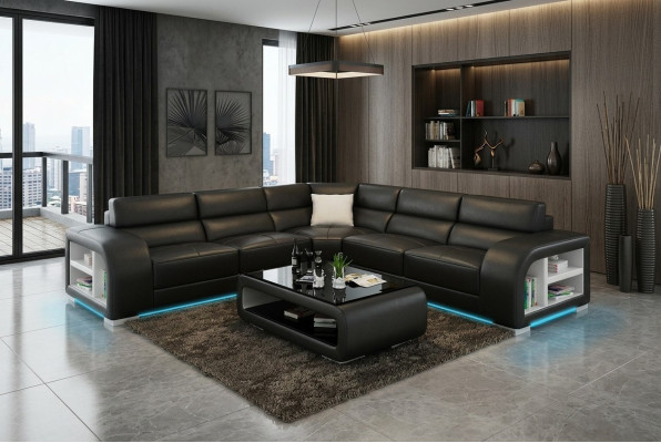 Ledersofa Couch Wohnlandschaft Ecksofa Eck Garnitur Design Sofa USB Maßfertigung