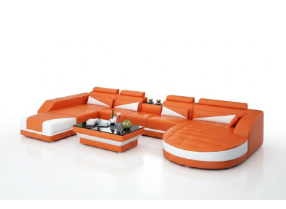 Ledersofa Couch Wohnlandschaft Ecksofa Garnitur Design Modern Sofa USB Orange
