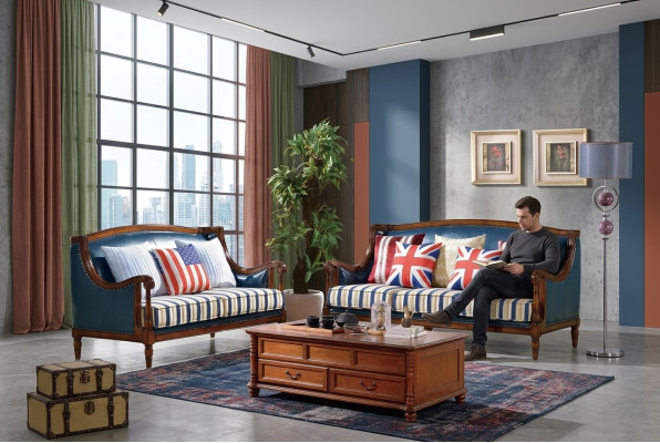Blau-Braune Sofagarnitur 3+2 Sitzer Ledersofas Luxus Couchen Wohnzimmer Garnitur