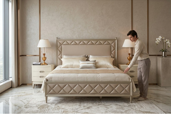 Schlafzimmer Bett Polster Design Möbel Luxus Doppel Beige Betten Leder