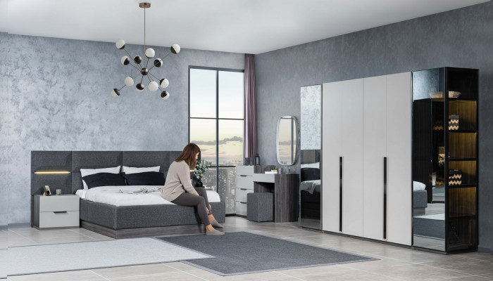 Schlafzimmer Bett Nachttische Kleiderschrank Kommode mit Spiegel Möbel Set 5tlg