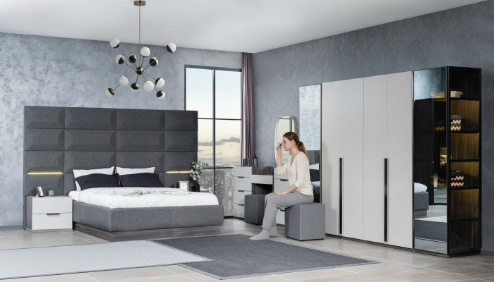Komplett Schlafzimmer Möbel Set Bett 2x Nachttisch Schminktisch Spiegel 5tlg Neu