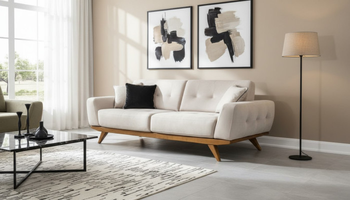 Klassische Sofa 2 Sitz Design Wohnzimmer Polster Holz Leder Moderne Luxus Beige