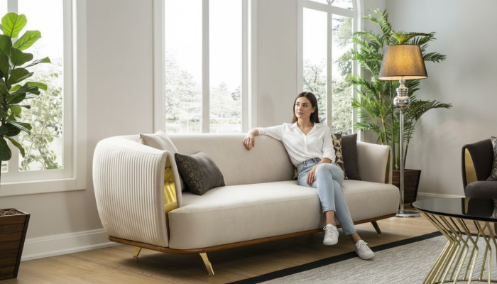 Modernes Sofa 2 Sitzer Polstersofa weiß Textil Sitz Design Couch Sofas Stoff