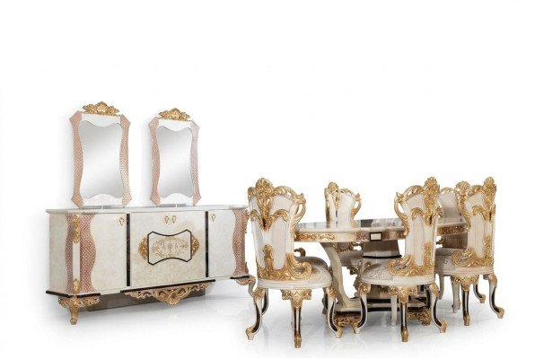 Luxus Esszimmer Set 9 tlg. Esstisch + 6x Stühle + Anrichte mit Spiegel weiß Neu