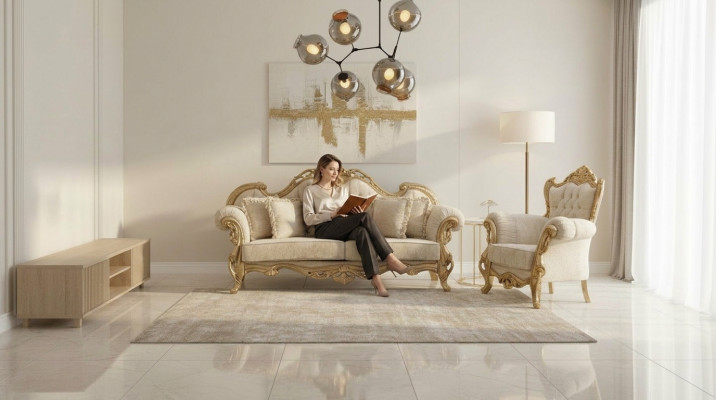 Chesterfield-Sofa und Sessel in Beige in hochwertigem Luxusdesign