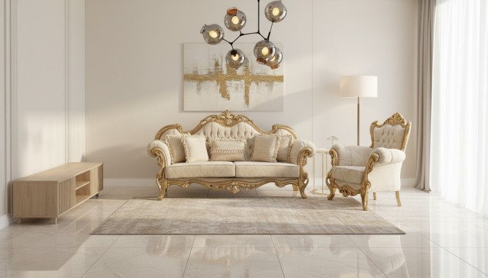 Chesterfield-Sofa und Sessel in Beige in hochwertigem Luxusdesign