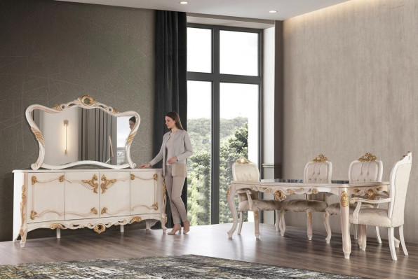 Esstisch Garnitur Gruppe Esszimmer Tisch Stuhl Set Anrichte Spiegel 6tlg