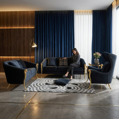 Luxuriöse Polstergarnitur Sessel 3+2+1 Sitzer Schwarz Samt Gold Beine