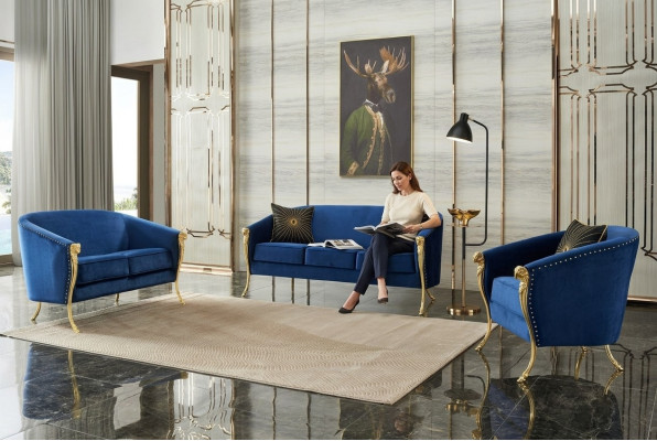 Luxus Polster Sessel 3+2+1 Sitz Blaue Goldenen Beinen Sitzpolster Neu
