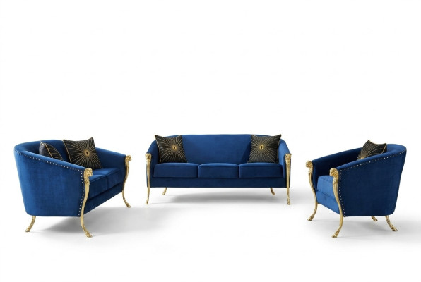 Luxus Polster Sessel 3+2+1 Sitz Blaue Goldenen Beinen Sitzpolster Neu