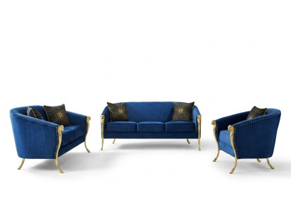 Luxus Polster Sessel 3+2+1 Sitz Blaue Goldenen Beinen Sitzpolster Neu