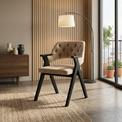 Beige Stuhl  weicher Sitz im Rund Chesterfield auf Holzbeinen Sessel Lehnstuhl