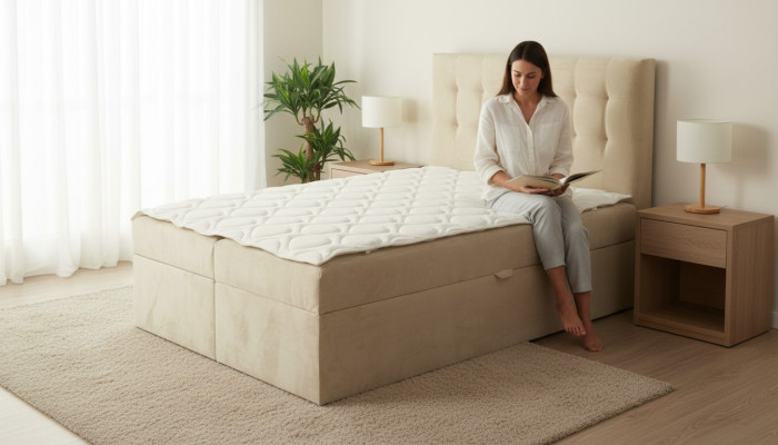 Chesterfield Bett beige Schlafzimmer Holzmöbel Design elegant Polsterung Stoff