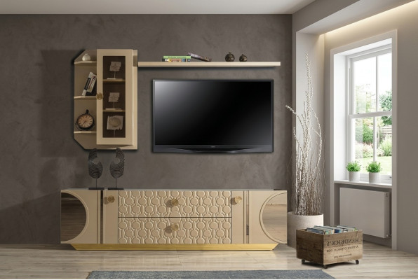 beige rtv low tv schrank kommode+wandregal wohnzimmer moderne holz designmöbel