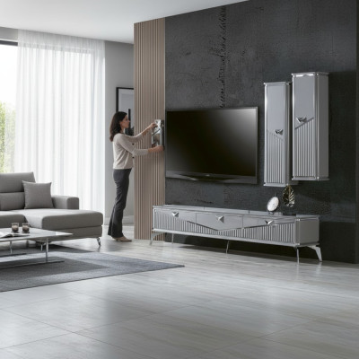 rtv Sideboard tv Ständer Fernseher Wand Wohnwand Lowboard Grau Hochglanz