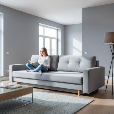 Komfortables und funktionales ausziehbares 3-Sitzer-Sofa in hellgrauer Farbe im modernen Stil