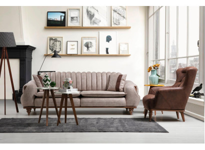 Designer Sofagarnitur 3+1 Sitz Couchtisch Sofabezug Textil Braun Holz
