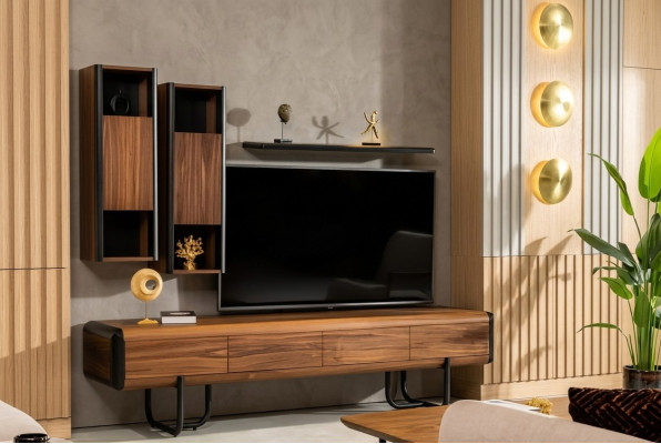 Ein wunderschöner TV-Schrank mit Wandregalen im Loft-Stil, der Ihrem Wohnzimmer ein schickes Aussehen verleih
