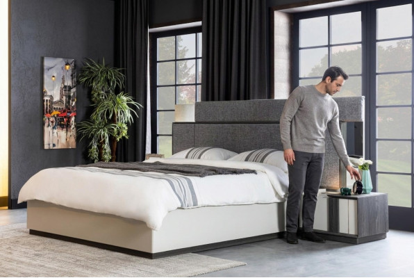Graues Luxus Schlafzimmer Bett Textil Möbel Betgestell Modern Holz Neu