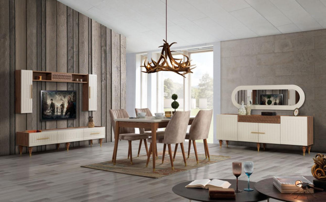 Komplettes Wohnzimmer Set + Esszimmer Garnitur Tisch Regal Kommode 6tlg.