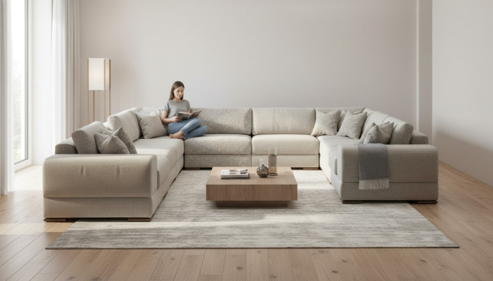 Ecksofa U-Form Grau Sofa Couch Luxus Design Möbel Wohnlandschaft Stoff