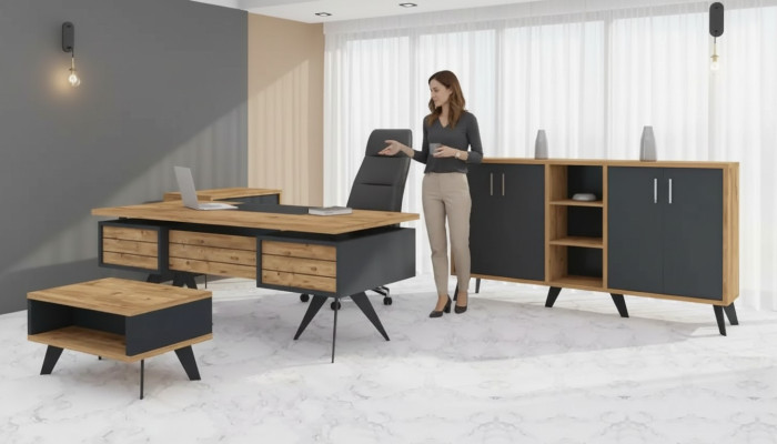 Großes Arbeitszimmer Set Büromöbel Schreibtisch Kommode Tisch