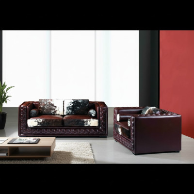Dunkelrote Chesterfield Sofagarnitur 3+2 Sitzer 2tlg. Leder-Set mit Ponyfell