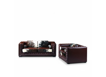 Dunkelrote Chesterfield Sofagarnitur 3+2 Sitzer 2tlg. Leder-Set mit Ponyfell