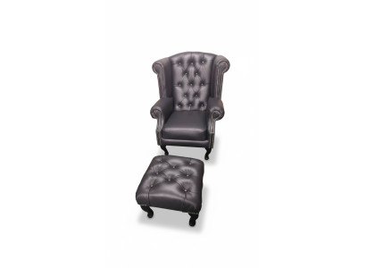 Luxus Ohrensessel und Hocker Chesterfield Sessel Leder Schwarz Modern
