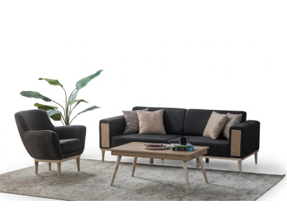 Grauer Wohnzimmer Set Luxus Dreisitzer Polster Sessel Stil Textil Möbel