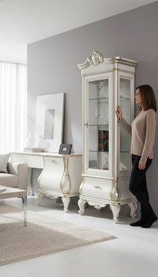 Luxuriöser Holzschrank mit Glas Klassische weiße Möbel Schrank Vitrinen