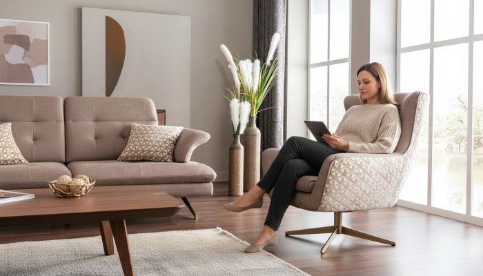 Moderner Sessel Ohrensessel Luxus Cocktailsessel Beige Kunstleder Neu